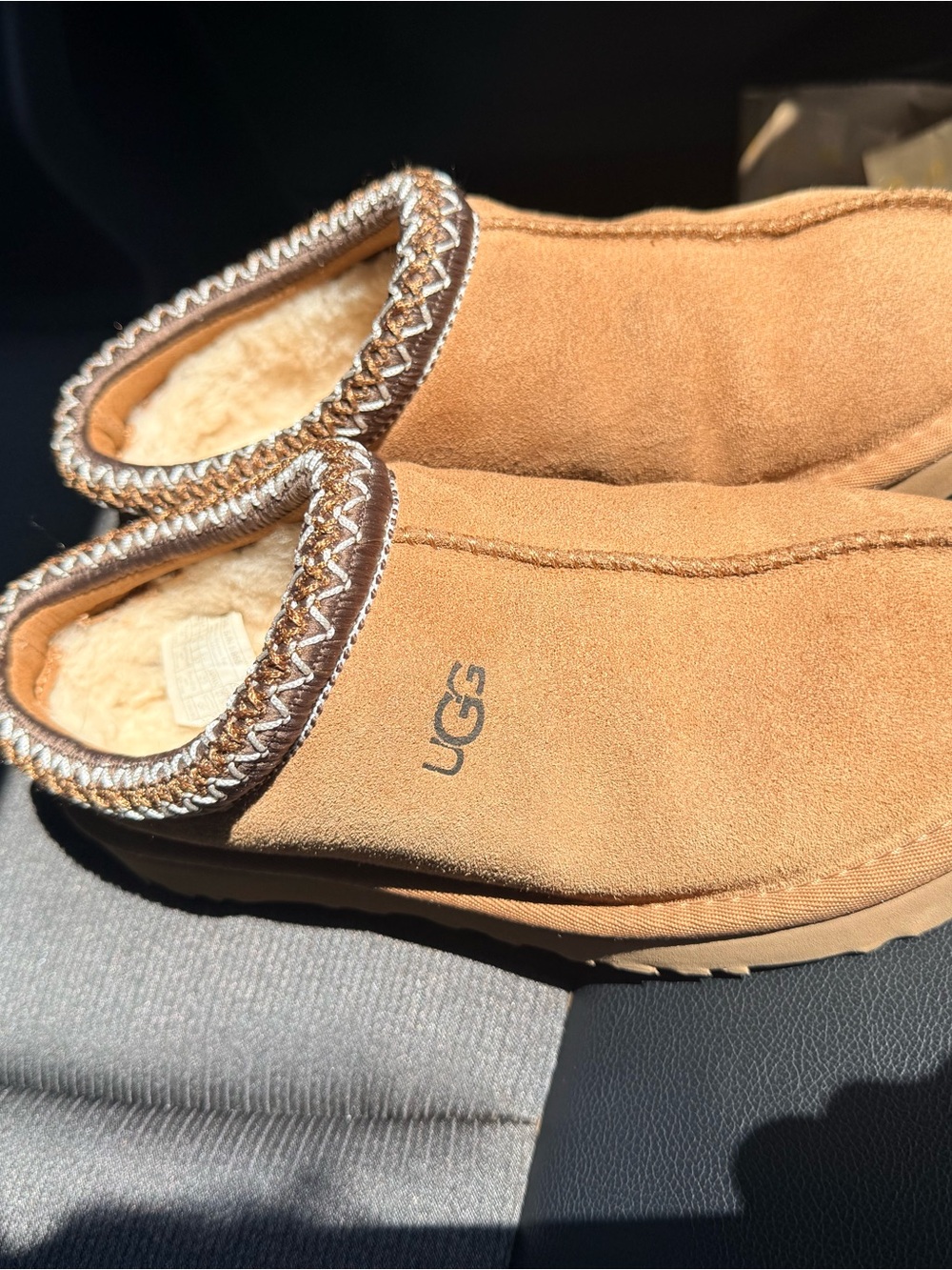 UGG Chestnut Brown Shearling-Lined Braided Trim Slippers